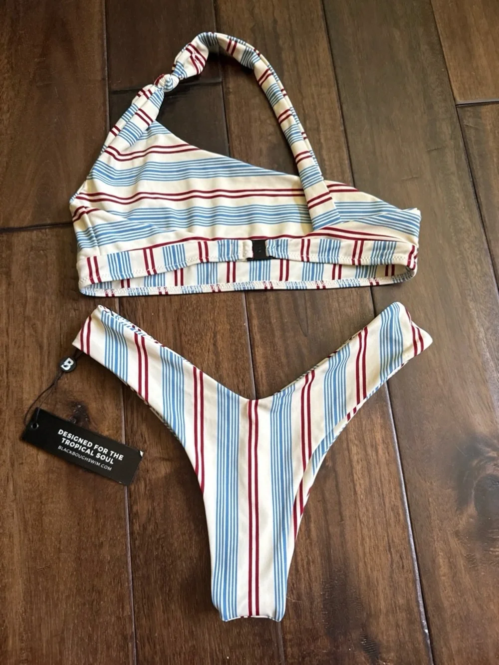Striped One-Shoulder Kids Swim Bikini - Cream with Red & Blue Stripes